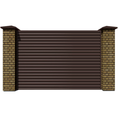 Секция забора жалюзи из ламелей еврожалюзи RAL8017 Коричневый Шоколад с кирпичными столбами анфас
