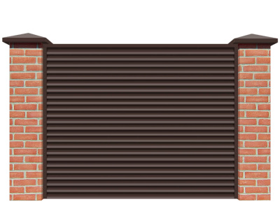 Секция забора жалюзи из ламелей Жалюзи ЭКО-Z RAL8017 Шоколад с кирпичными столбами анфас