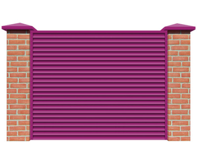 Секция забора жалюзи из ламелей Жалюзи ЭКО-Z RAL4006 Пурпурный с кирпичными столбами анфас